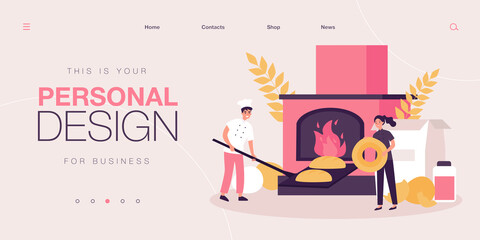 Wall Mural - Tiny bakers baking bread and baked goods. Man putting loaves on shovel into oven, woman holding roll flat vector illustration. Bakery, production concept for banner, website design or landing web page