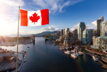 Canadian National Flag Overlay. False Creek, Downtown Vancouver, British Columbia, Canada. Beautiful Aerial View Of A Modern City On The West Pacific Coast During A Colorful Sunset.