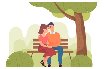 Wall Mural - Cute cartoon couple of young people sitting together on bench. Man and woman hugging in city park flat vector illustration. Summer, love, romance concept for banner, website design or landing web page