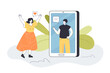 Tiny lovesick woman using chat app for conversation with man. Enamored happy girl sending SMS messages flat vector illustration. Love mistake concept for banner, website design or landing web page