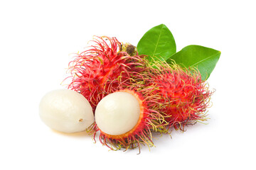 Rambutan with leaves isolated on white backround.