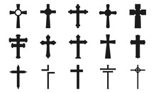 Colección De Cruces Cristianas. Conjunto De Siluetas De Símbolos Religiosos. Ilustración Vectorial De Símbolos Espirituales.