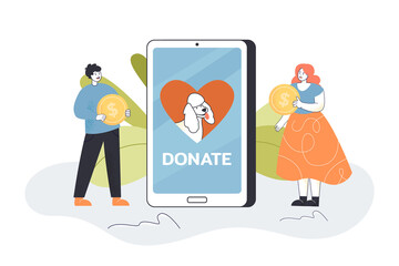 Wall Mural - Tiny volunteers donating to dog shelter using mobile app. Man and woman holding gold coins flat vector illustration. Charity, love to animals concept for banner, website design or landing web page