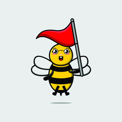 Wall Mural - Cute cartoon Bee character holding triangle flag in 3d modern design for t-shirt, sticker