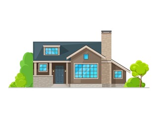 Wall Mural - Residential house exterior with wood plank facade framed by natural stone wall trim. Rural home or cottage house with pitched roof, brick porch and chimney. Residential neighborhood, suburb dwelling