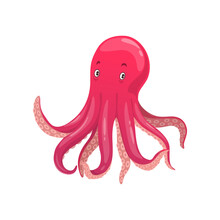 Cartoon Octopus Underwater Animal, Isolated Vector Sea And Ocean Creature, Childish Character With Pink Skin And Long Tentacles. Water Kraken, Cephalopoda Character With Eyes And Feelers