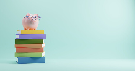Education concept design of piggy bank wearing glasses on colorful stack of books 3D render