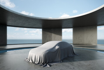 Wall Mural - Car covered with cloth parked on round concrete floor. 3d rendering of abstract exterior space for showroom with sea background.