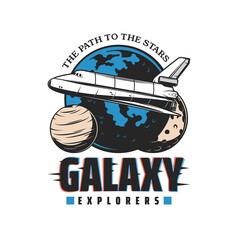 Wall Mural - galaxy explorer icon with space discovery shuttle rocket, vector emblem of galactic and orbital spac