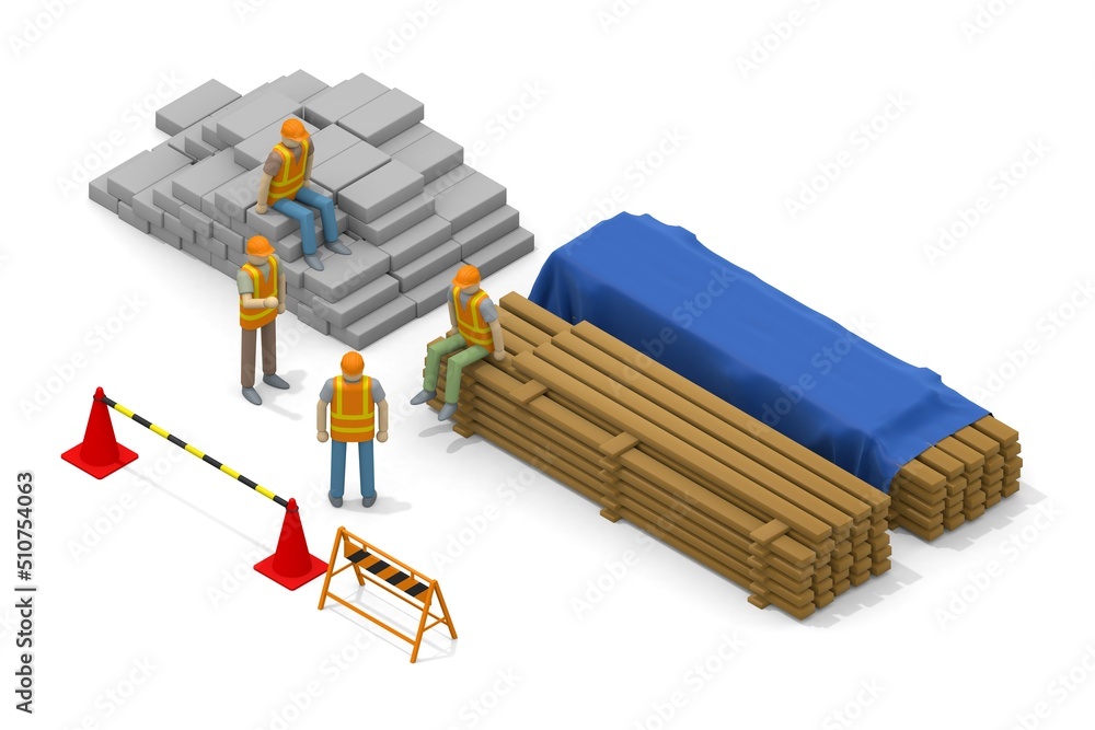 People working at construction sites. Workers taking a break at the construction site. Men's chat. Rest area and construction materials.