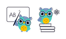 Cute Owl In Glasses On Pile Of Books And With Pointer Near Blackboard Vector Set