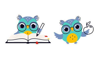 Canvas Print - Cute Owl in Glasses Writing in Book with Pen and Holding Apple Vector Set