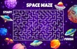 Space labyrinth maze, help UFO saucer to find planet, vector cartoon worksheet. Kids escape puzzle or labyrinth maze riddle to search and find way in fantasy galaxy with alien galaxy spacecrafts