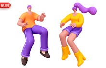 Cartoon Stylish Character Man And Girl. Couple Of Young People Woman And Man. Set Of Happy People Positive Emotions. Human Happiness Smile On Face. Realistic 3d Design. Vector Illustration
