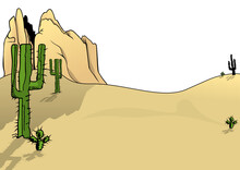 Sandy Desert With Cacti And Sandstone Rock In The Background - Colored Cartoon Illustration Isolated On White Background, Vector