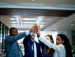 © StreetOnCamara - Businesswoman businessman cheerful teamwork group corporate colleague meeting partner together people high five hand standing party victory win professional male female business conference celebration