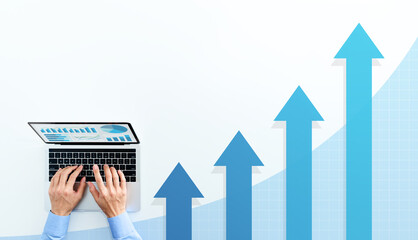Aufkleber - Business growth and analysis. Top view of using laptop. Blue graphs on laptop screen. Four growth arrows.