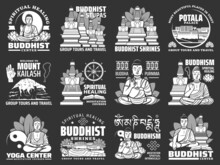 Buddhism Religion Isolated Vector Icons With Buddha, Buddhist Temple And Shrine Stupas. Yin Yang, Lotus, Dharma Wheel And Endless Knot, Mount Kailash And Potala Palace Fortress Monochrome Symbols