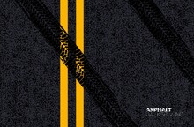 Asphalt Road Texture Vector Background, Black Tarmac Surface With Tyre Tracks. Asphalt Street Road With Yellow Line Marking, Highway With Grunge Tire Print On Roadway, Racing Or Car Drift Black Tar