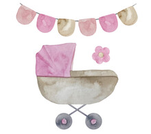Watercolor Baby Girl Pink Stroller Illustration. Its A Girl Set