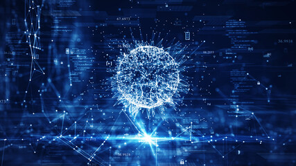 Fototapete - big data technology concept. The interconnected polygons form a prominent sphere in the center. with a grid of binary code icons surrounded on a dark blue background. data processing analysis.