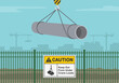 Workplace golden safety rules and tips. Caution, keep out from under crane loads. Construction area warning sign on a green fence. Flat vector illustration template.