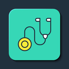 Sticker - Filled outline Stethoscope medical instrument icon isolated on blue background. Turquoise square button. Vector