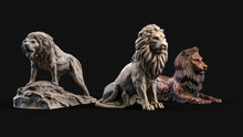Lion Collection Sculptures 3d Rendeing On Black Background