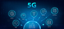 5G Banner Web Icon For Business And Technology, Speed, Signals, Networks, Technology, Big Data, IoT And Traffic Values. Technology Icons Set, 5G. High Speed Wide Area Network. Vector Info Banner.