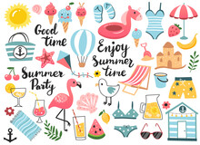 Summer Set, Clip Art  Design Elements With Beach Chair, Umbrella, Swimsuit, Coctail And Others. Hand Drawn Vector Illustration.