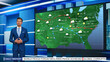 © Gorodenkoff - TV Weather Forecast Program: Professional Television Host Reviewing Weather Report in Newsroom Studio, Uses Big Screen with Visuals. Famous Anchorman Talks. Mock-up of Cable Channel Concept.