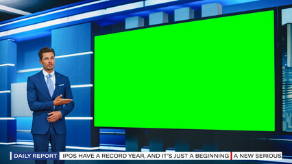 talk show tv program: handsome white male presenter standing in newsroom studio, uses big green chro