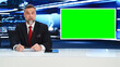 © Gorodenkoff - Late Night TV Talk Show Live News Program: Anchorman Presenter Reporting, Uses Green Screen Template. Television Cable Channel Anchorman Host Talks. Network Broadcast Newsroom Studio Mockup.