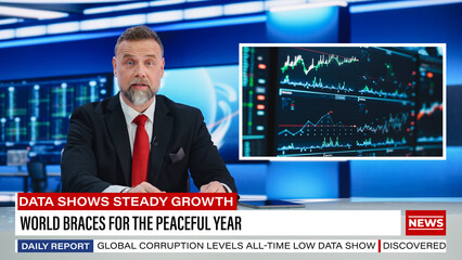 Wall Mural - Split Screen TV News Live Report: Anchorman Talks. Reportage Montage: Male Newscaster Reports Good News For The Market. Experts Make Positive Forecast. Television Program On Cable Channel Concept.