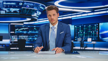 Beginning Evening News TV Program: Anchor Presenter Reporting on Business, Economy, Science, Politics. Television Cable Channel Anchorman Talks. Broadcast Network Newsroom Studio Concept.