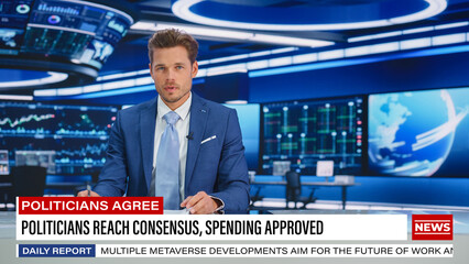 TV Live News Program: Charismatic White Male Presenter Reporting. Television Cable Channel Anchorman or Host Talking about Important Events. Network Broadcast Mock-up. Modern Newsroom Studio