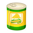 Canned sweet maize in tin can with corn cob on label. Canned food, long term storage product concept. Tin can with corn kernels in tin packaging. Vitamin source, cooking ingredient.Vector illustration