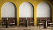 Interior with yellow arcs, dinner tables and wall panel. 3d render illustration mockup.