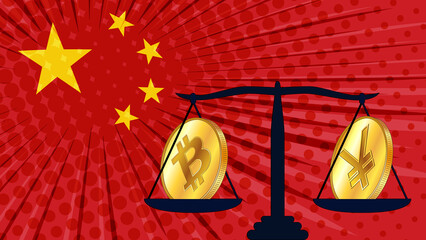 Wall Mural - Gold coin of Bitcoin BTC and chinese currency Yuan CNY on scales with colored flag of China on background. Central Bank of China adopts laws on digital assets CBDC.