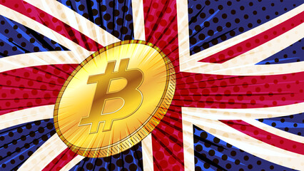 Wall Mural - Gold coin of Bitcoin BTC and colored flag of Great Britain on background. Central Bank of England adopts laws on mining and digital assets.