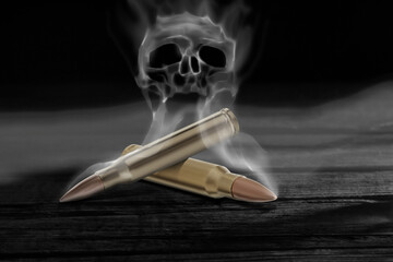 Wall Mural - Bullets with skull shaped smoke on black wooden table