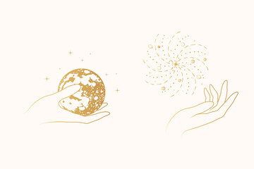 Golden celestial hands with mystical elements - planets and stars. Two vector  illustrations isolated on white background.