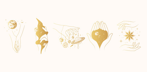 golden celestial female hands with mystical elements - moon, planets and stars. five vector boho ill