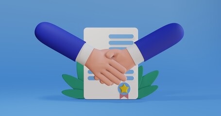 Concluding an agreement. The handshake as a sign of support, cooperation, and consent. Diplomacy as a solution to the conflict. Signing the contract. Businessmen shake hands. 3D business illustration