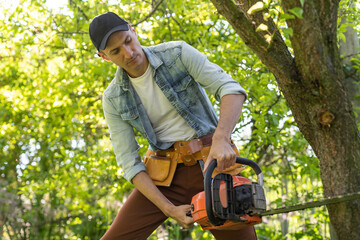 Wall Mural - Man cutting a branch with chainsaw