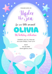 Wall Mural - Birthday party invitation template. Cute illustration of mermaid tails, shell, pearls and star fish. Vector 10 EPS.