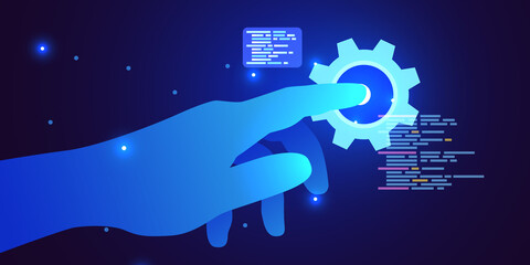 Wall Mural - web development, coding and programming futuristic banner. hand touching computer code