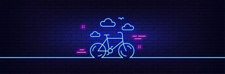 Neon light glow effect. Bike rental line icon. Bicycle rent sign. Hotel service symbol. 3d line neon glow icon. Brick wall banner. Bike rental outline. Vector