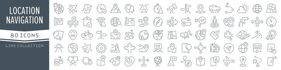 Leinwandbilder - Location and navigation line icons collection. Big UI icon set in a flat design. Thin outline icons pack. Vector illustration EPS10