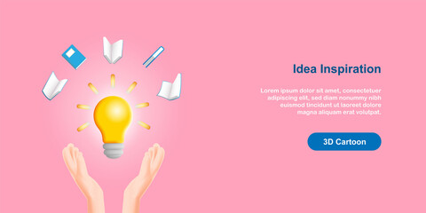 3D cartoon style, idea generating and development concept. Hand with light bulb and flying book